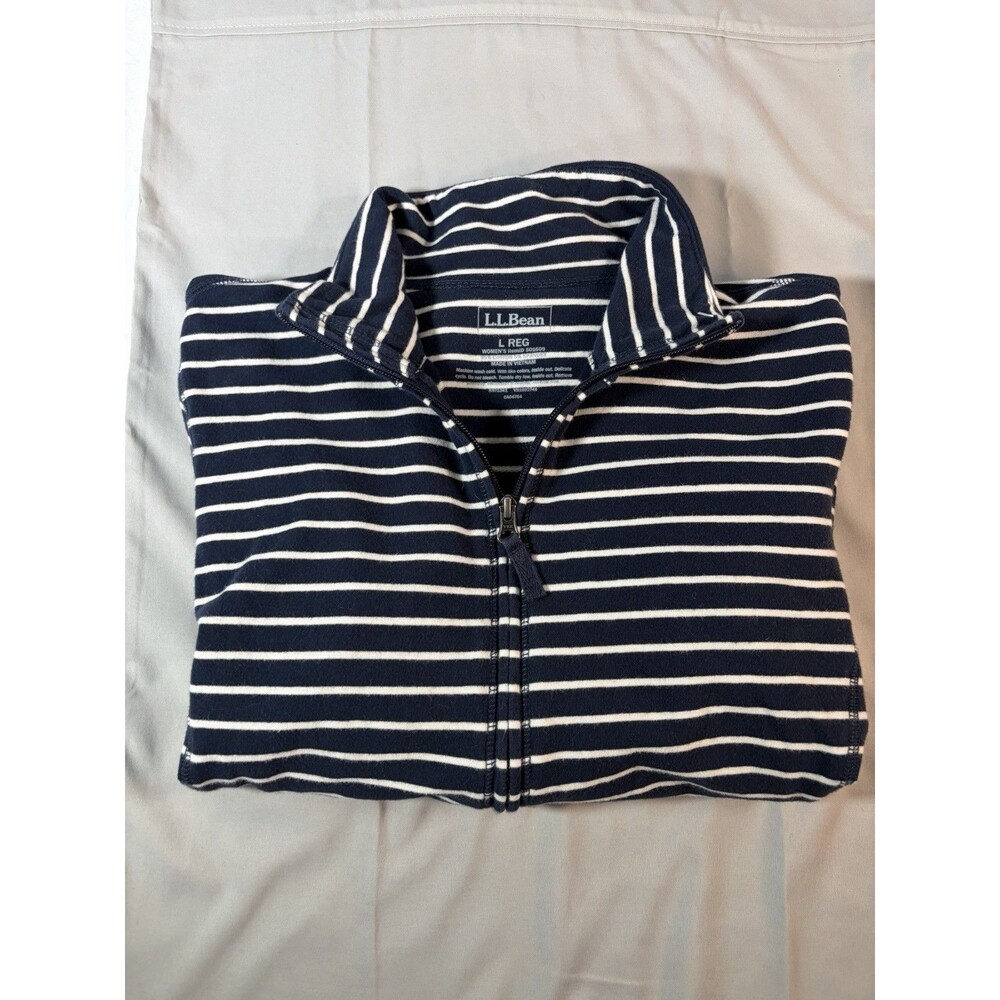 L.L. Bean Size L Navy Blue/White Stripe Mock Neck Full Zip Cotton Stretch Top